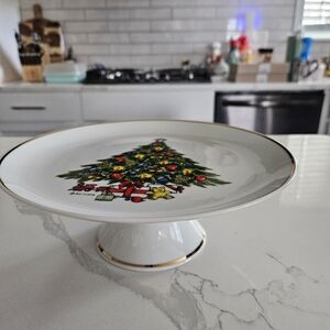 Mount Clemens Pottery Christmas Tree Pedestal Cake Plate Gold Trim Toys Gifts